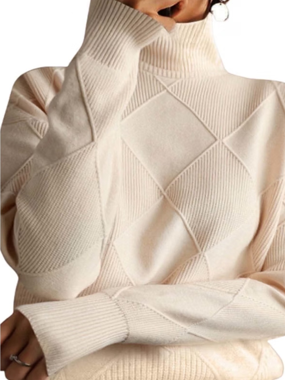 Classic Cream Turtleneck Diamond Knit Sweater